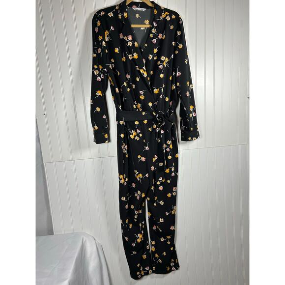 pop sugar Black floral jumpsuit  Button long sleeve Detachable waist tie Sz L - Picture 1 of 12